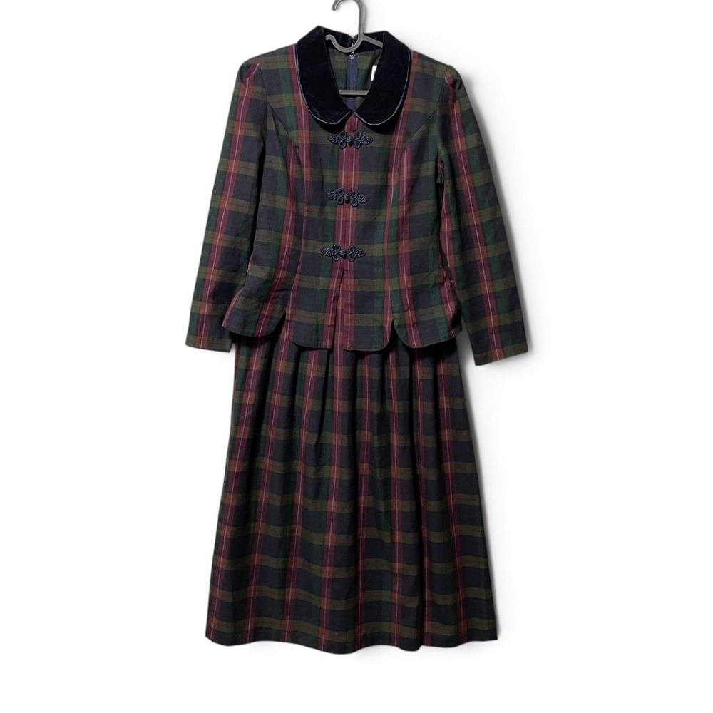 Vintage 90s Plaza South Tartan Plaid Jacket Dress 6 Velvet Collar Pleated